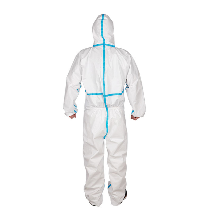白いPEの使い捨て可能な防護服の衣類のNonwoven安全フード付きのつなぎ服3